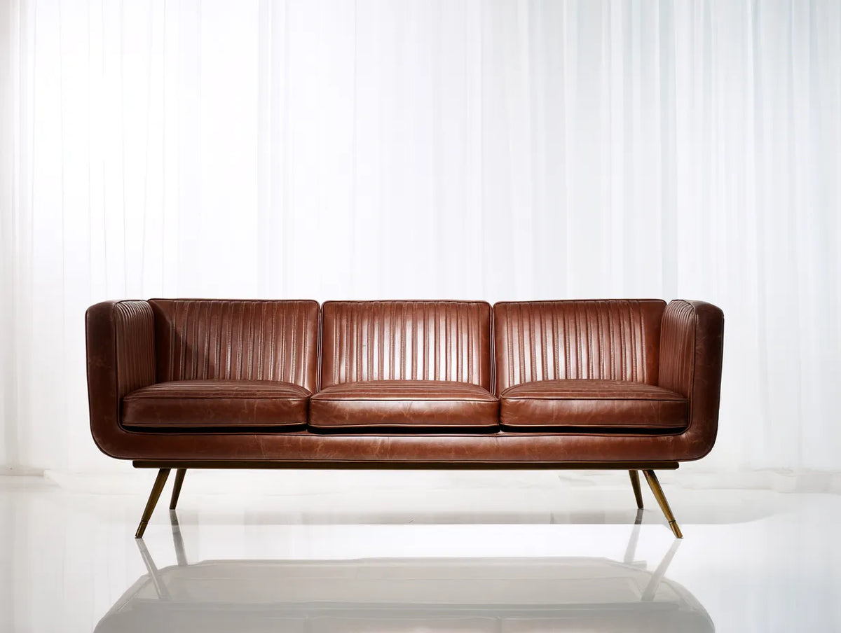 Canapé trois places en cuir 220×88×78 cm - marron/doré - style rétro contemporain