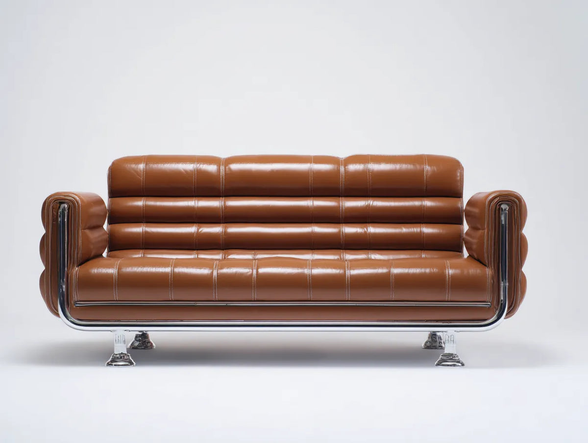 Canapé trois places en cuir synthétique 220×92×88 cm - marron - style rétro à structure chromée
