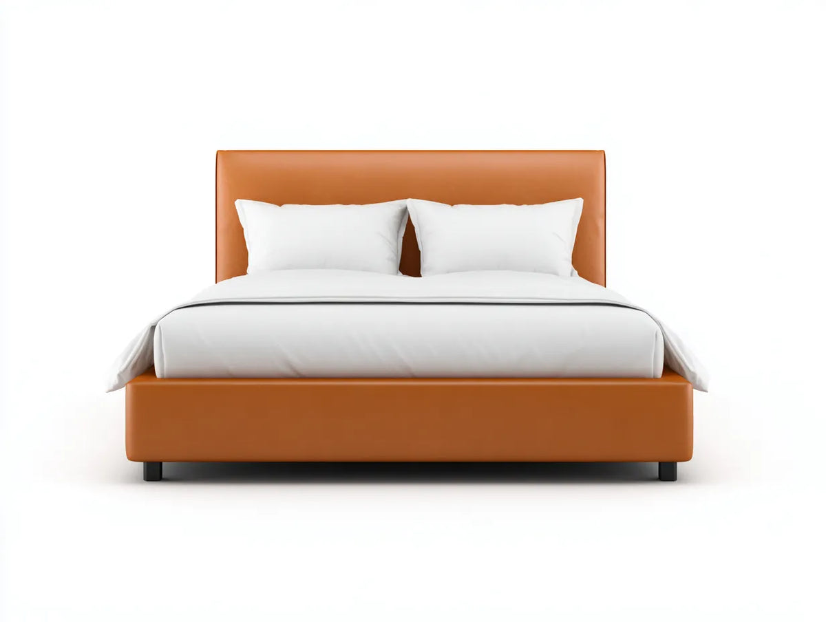 Lit double rembourré 212×168×108 cm - orange/noir - style moderne épuré