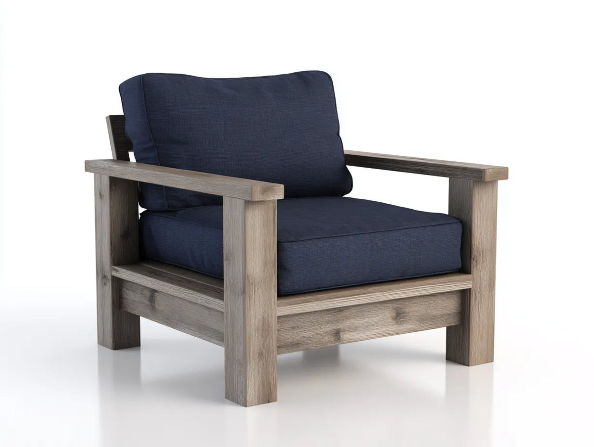Chaise de loisirs d'extérieur en bois et tissu 84×88×83 cm - bleu nuit et bois clair - assise rembourrée
