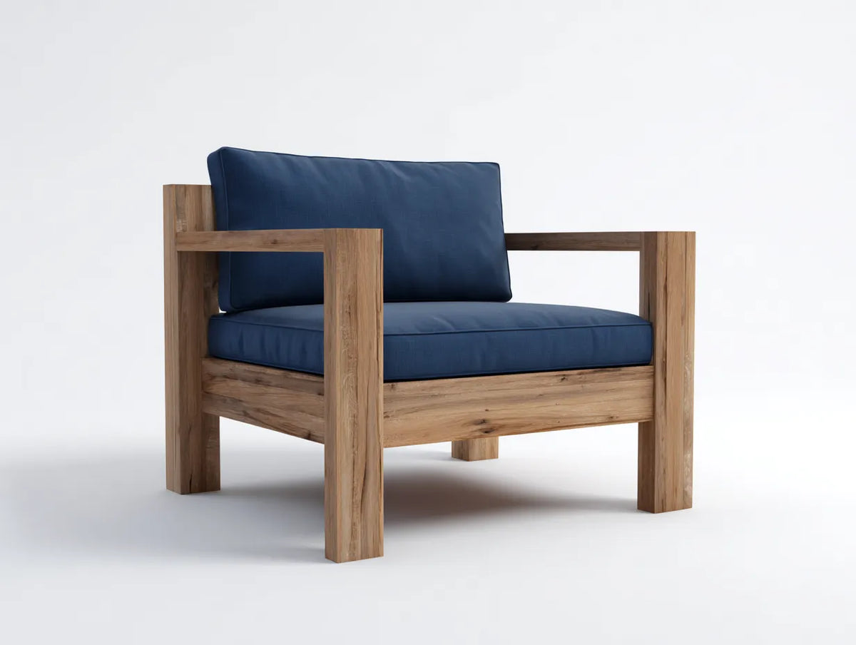 Chaise de loisirs d'extérieur 78×82×84 cm - bois naturel et tissu bleu foncé - fauteuil avec accoudoirs pour balcon