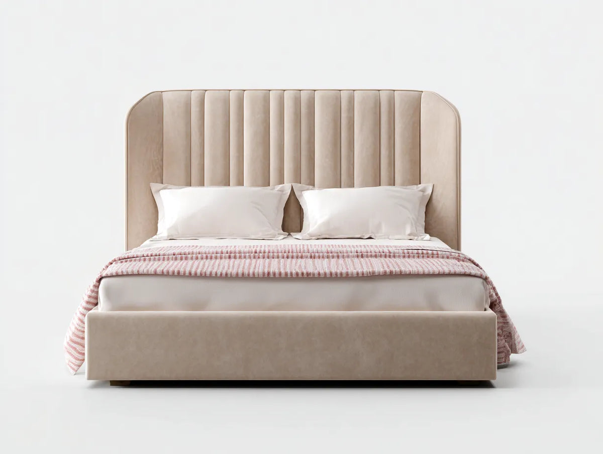 Lit double en tissu 220×170×125 cm - beige - tête de lit haute rembourrée